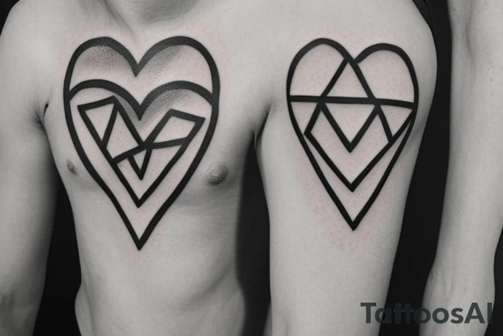 I want a minimalist tattoo behind the bicep,
 overlapping heart and triangle,
 the triangle is out the heart
no one are filled
i need to see distinctly the heart and the triangle tattoo idea