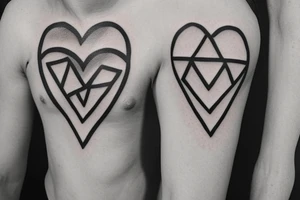 I want a minimalist tattoo behind the bicep,
 overlapping heart and triangle,
 the triangle is out the heart
no one are filled
i need to see distinctly the heart and the triangle tattoo idea