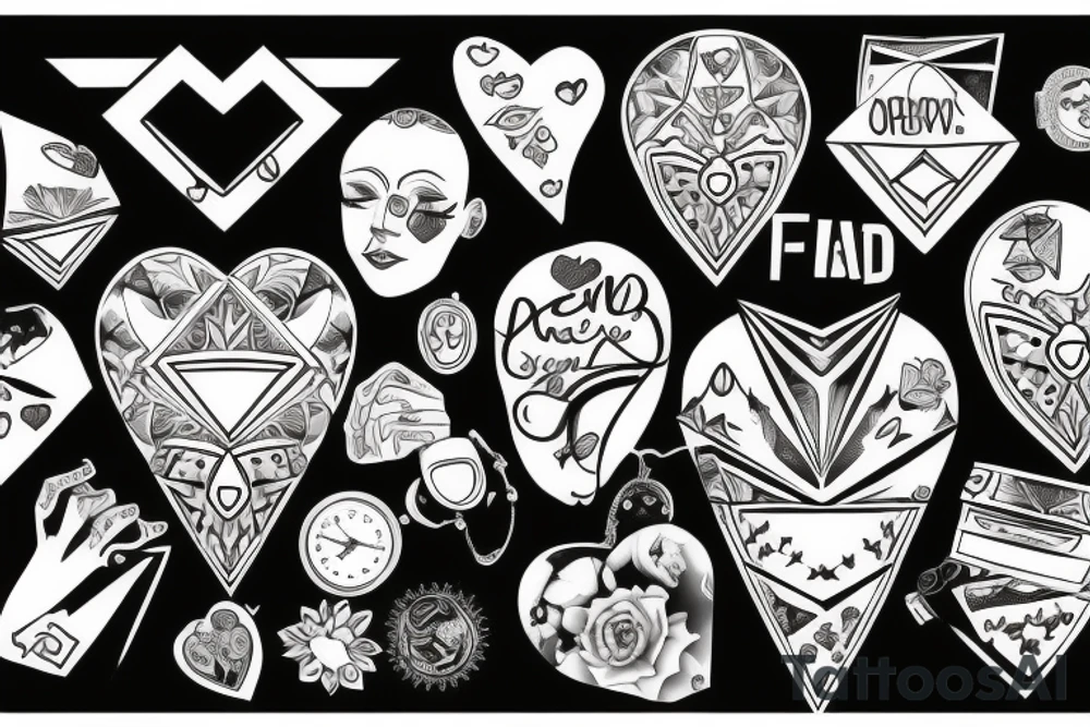 only features, a tattoo behind the biceps, with a heart and over it a diamond tattoo idea