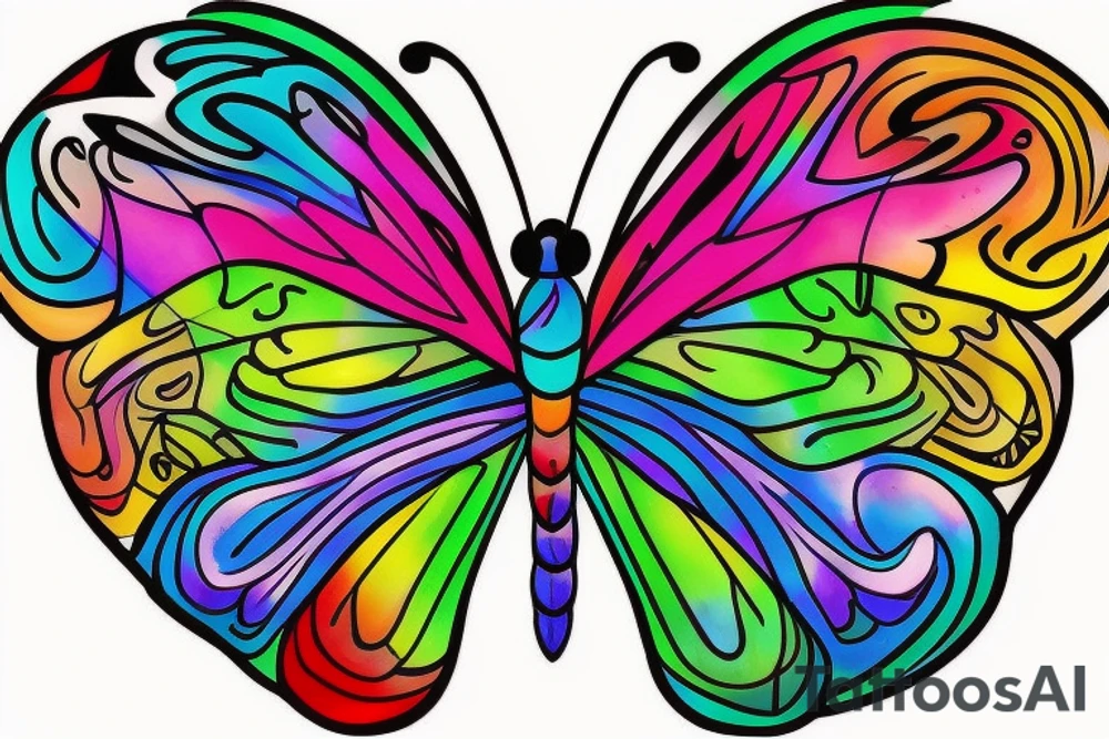 A vibrant and intricate butterfly with open wings. The butterfly can be filled with a mix of colorful and delicate patterns, such as flowers, swirls, or geometric shapes. To add depth, consider incorporating a subtle gradient, shading, or watercolor effect to give the impression of the butterfly taking flight. tattoo idea