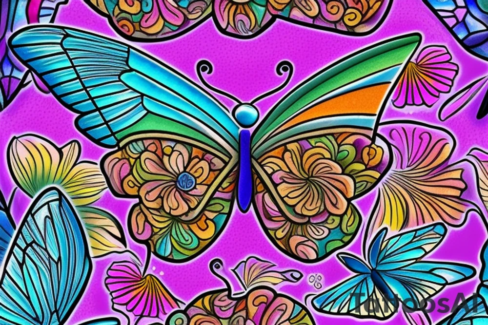 A vibrant and intricate butterfly with open wings. The butterfly can be filled with a mix of colorful and delicate patterns, such as flowers, swirls, or geometric shapes. To add depth, consider incorporating a subtle gradient, shading, or watercolor effect to give the impression of the butterfly taking flight. tattoo idea