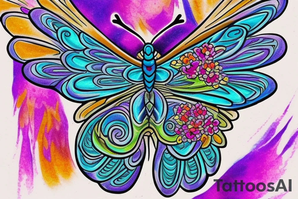 A vibrant and intricate butterfly with open wings. The butterfly can be filled with a mix of colorful and delicate patterns, such as flowers, swirls, or geometric shapes. To add depth, consider incorporating a subtle gradient, shading, or watercolor effect to give the impression of the butterfly taking flight. tattoo idea