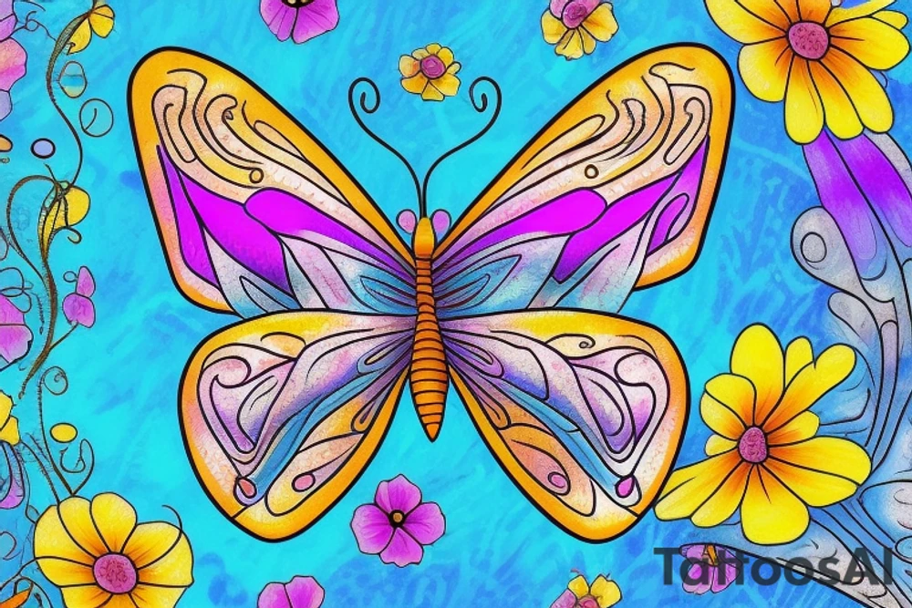 A vibrant and intricate butterfly with open wings. The butterfly can be filled with a mix of colorful and delicate patterns, such as flowers, swirls, or geometric shapes. To add depth, consider incorporating a subtle gradient, shading, or watercolor effect to give the impression of the butterfly taking flight. tattoo idea