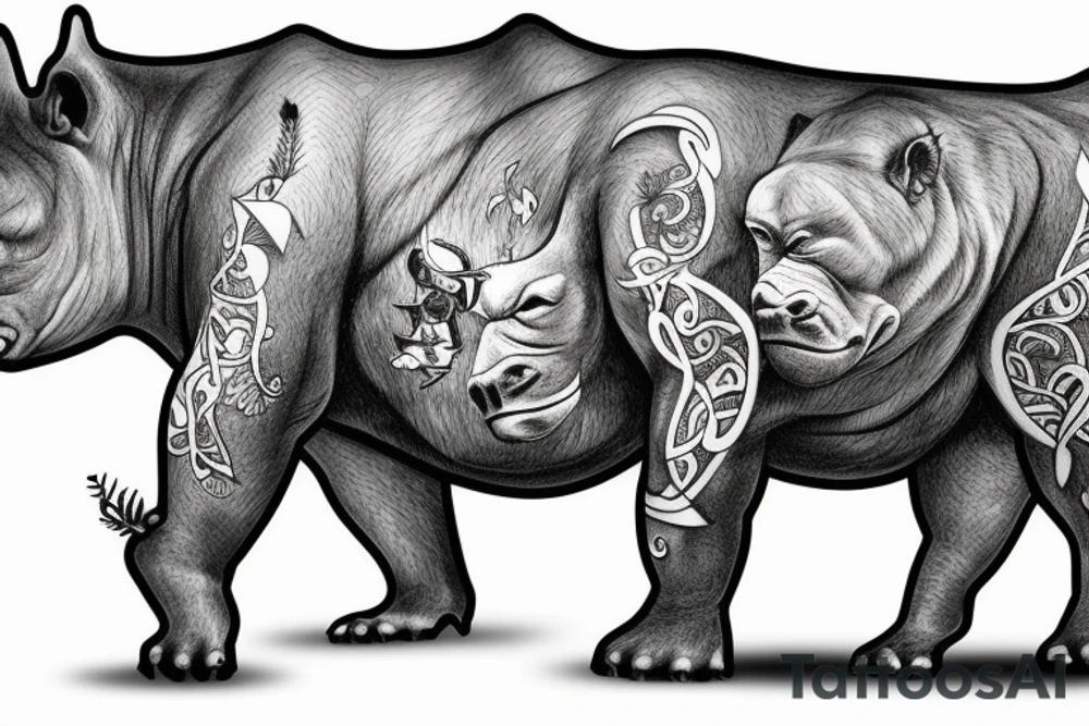 tattoo with a gorilla and a rhino and a wolf walking together in herd tattoo idea