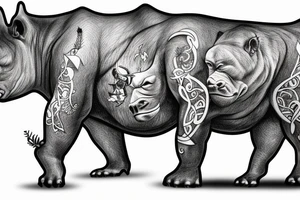 tattoo with a gorilla and a rhino and a wolf walking together in herd tattoo idea