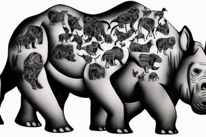 tattoo with a gorilla and a rhino and a wolf walking together in herd tattoo idea