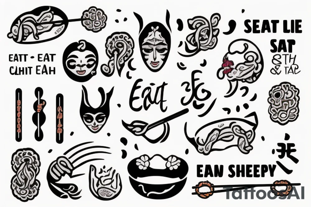 quote "eat, sleep, chi, repeat". on chopsticks aitha touch of india tattoo idea