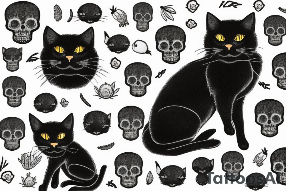 Black cat sitting next to skull filled with cactus tattoo idea