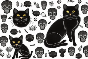 Black cat sitting next to skull filled with cactus tattoo idea