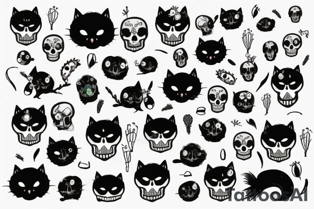 Black cat sitting next to skull filled with cactus tattoo idea