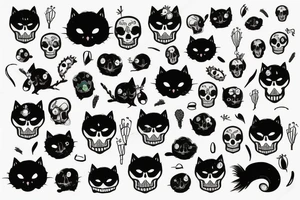 Black cat sitting next to skull filled with cactus tattoo idea