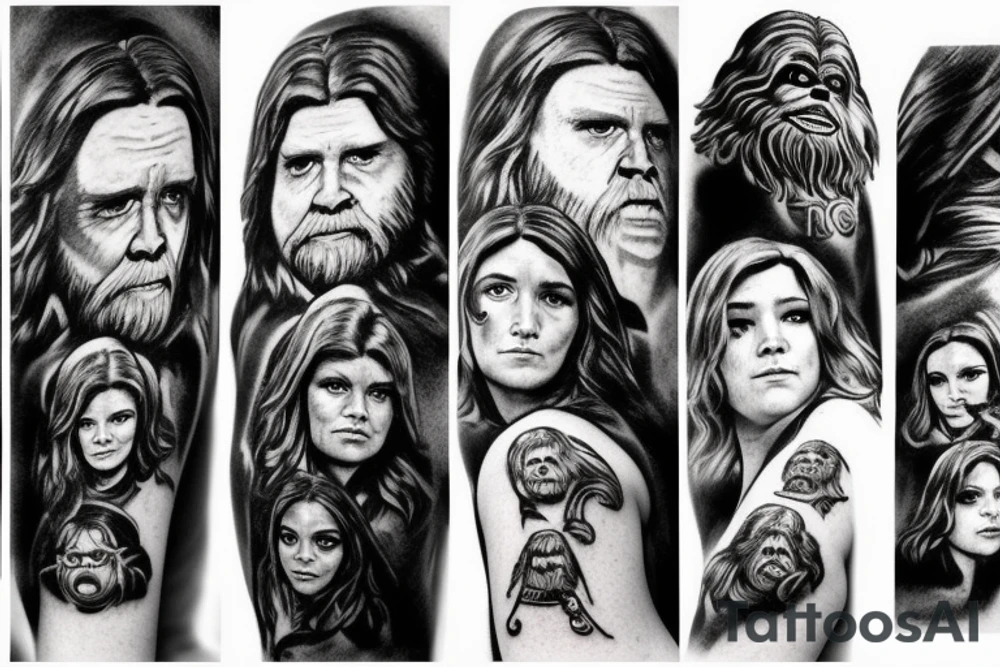 desenho do personagem chewbaccado filme stars wars mnotado em uma haley davison de frente tattoo idea