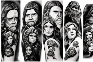 desenho do personagem chewbaccado filme stars wars mnotado em uma haley davison de frente tattoo idea