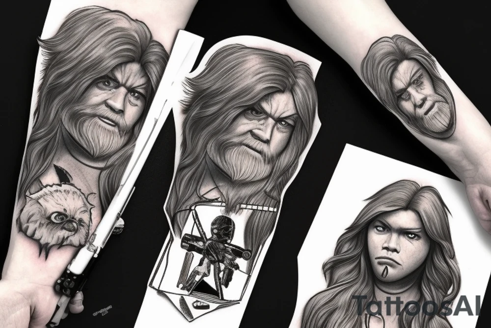 desenho do personagem chewbaccado filme stars wars mnotado em uma haley davison de frente tattoo idea