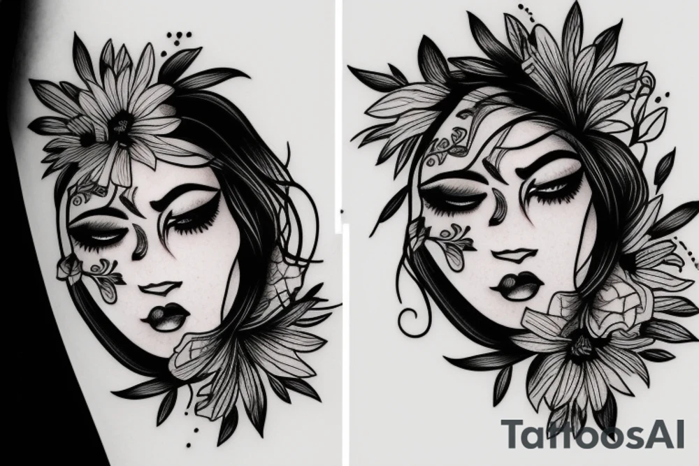 half woman face and half flowers tattoo idea