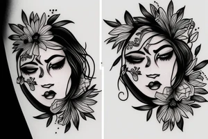 half woman face and half flowers tattoo idea