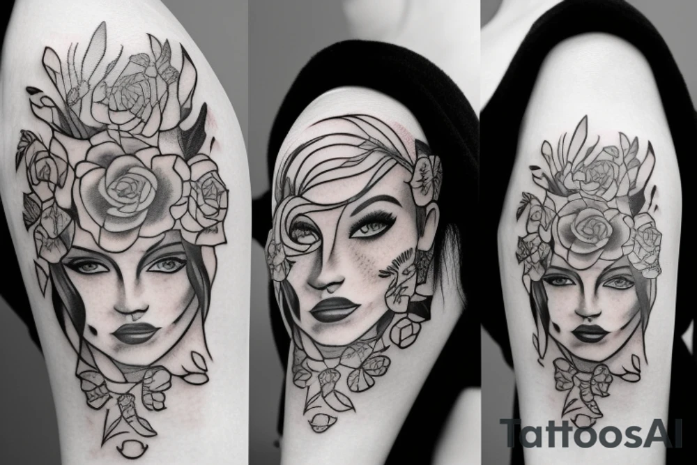 half woman face and half flowers tattoo idea
