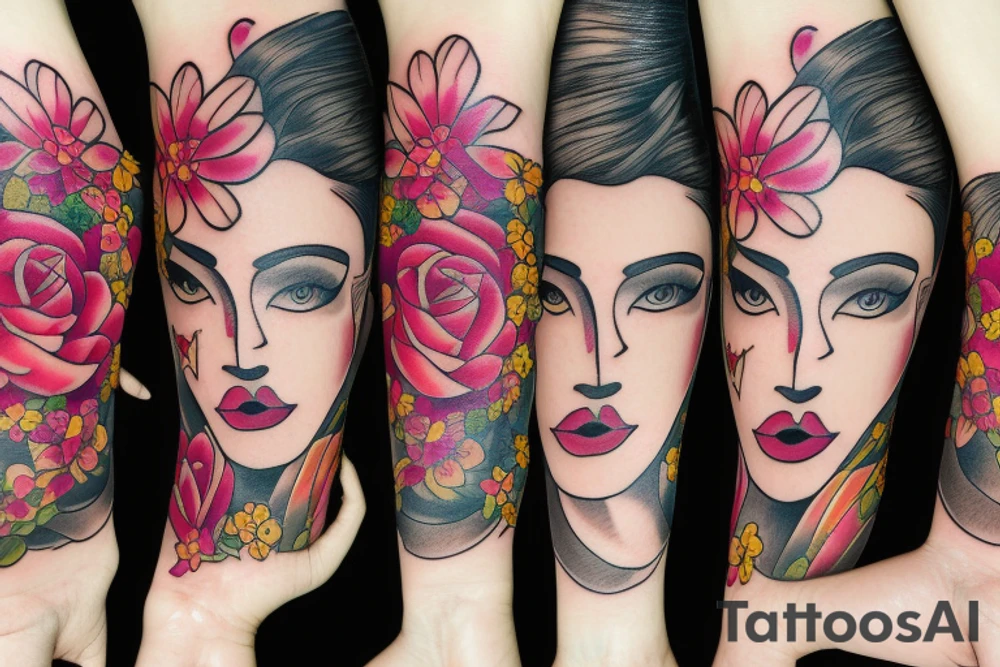 half woman face and half flowers tattoo idea