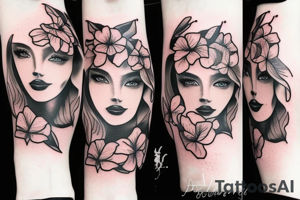 half woman beautiful face and half flowers tattoo idea