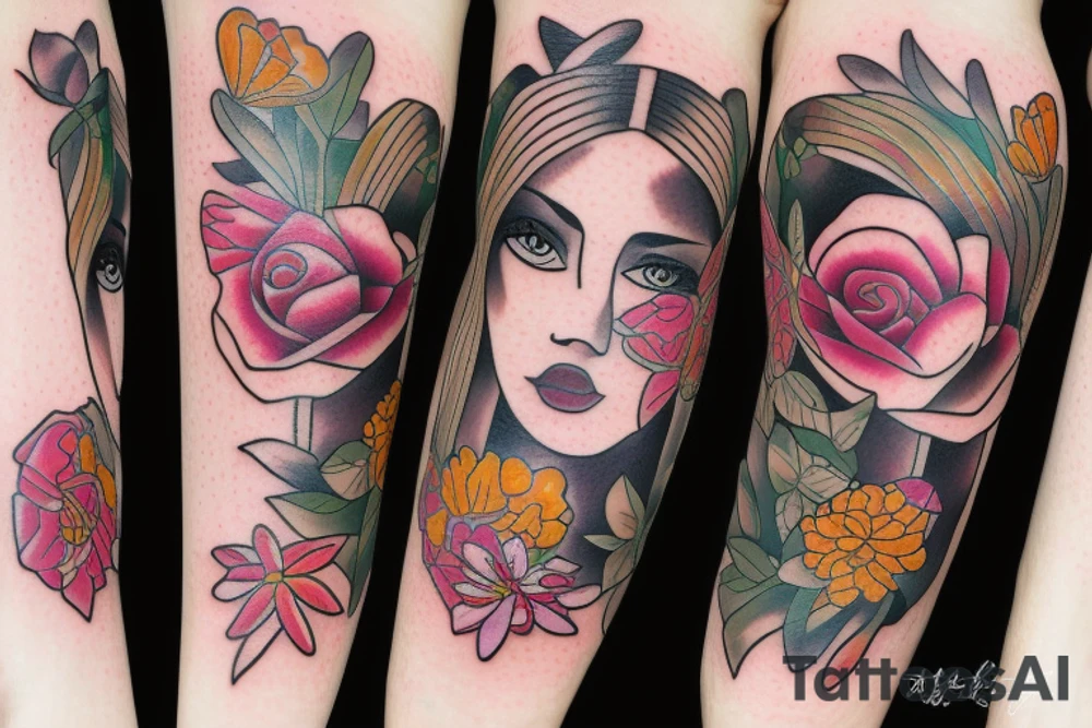 half woman beautiful face and half flowers tattoo idea