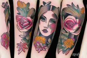 half woman beautiful face and half flowers tattoo idea