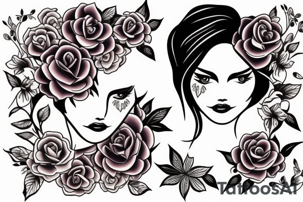 half woman beautiful face and half flowers tattoo idea