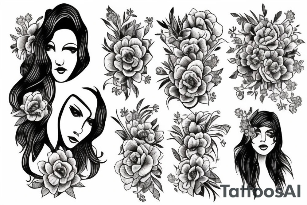 half woman beautiful face and half flowers tattoo idea