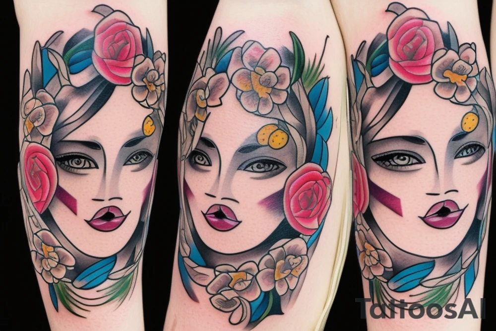 half woman beautiful face and half flowers tattoo idea