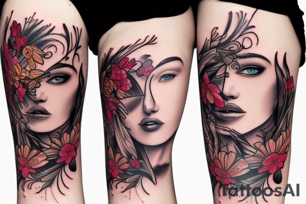half woman beautiful face and half flowers tattoo idea