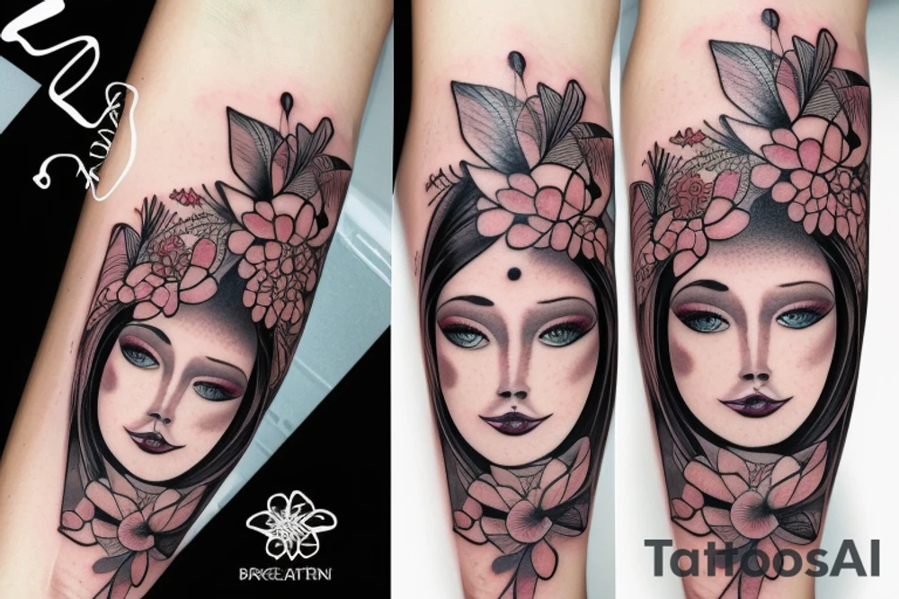 half woman beautiful face and half flowers tattoo idea