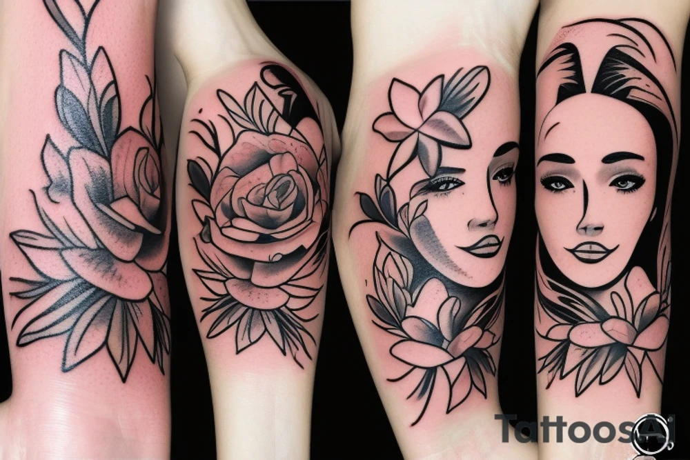 half woman beautiful face and half flowers tattoo idea