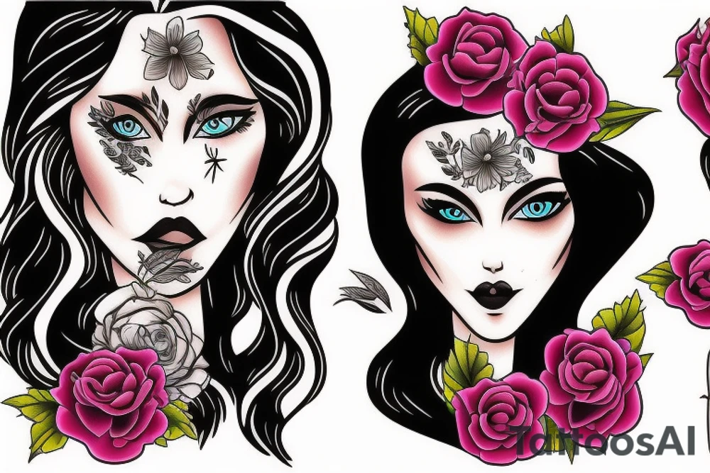 half woman beautiful face and half flowers tattoo idea