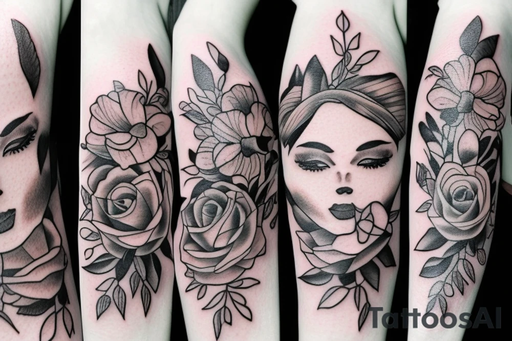 half woman beautiful face and half flowers tattoo idea