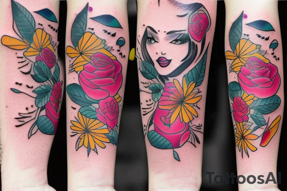 half woman beautiful face and half flowers tattoo idea