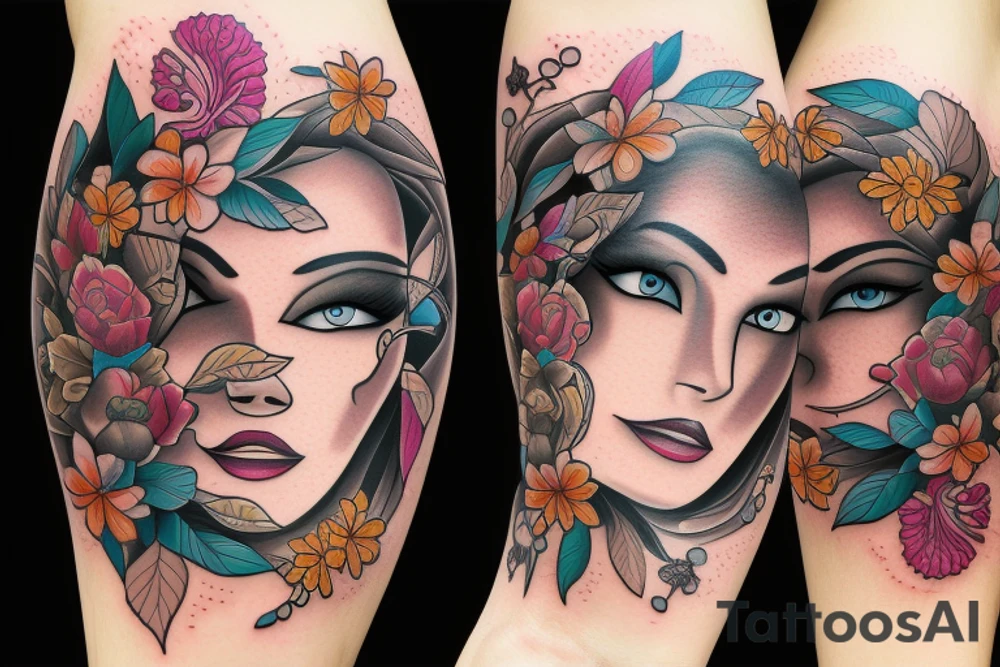 half woman beautiful face and half flowers tattoo idea
