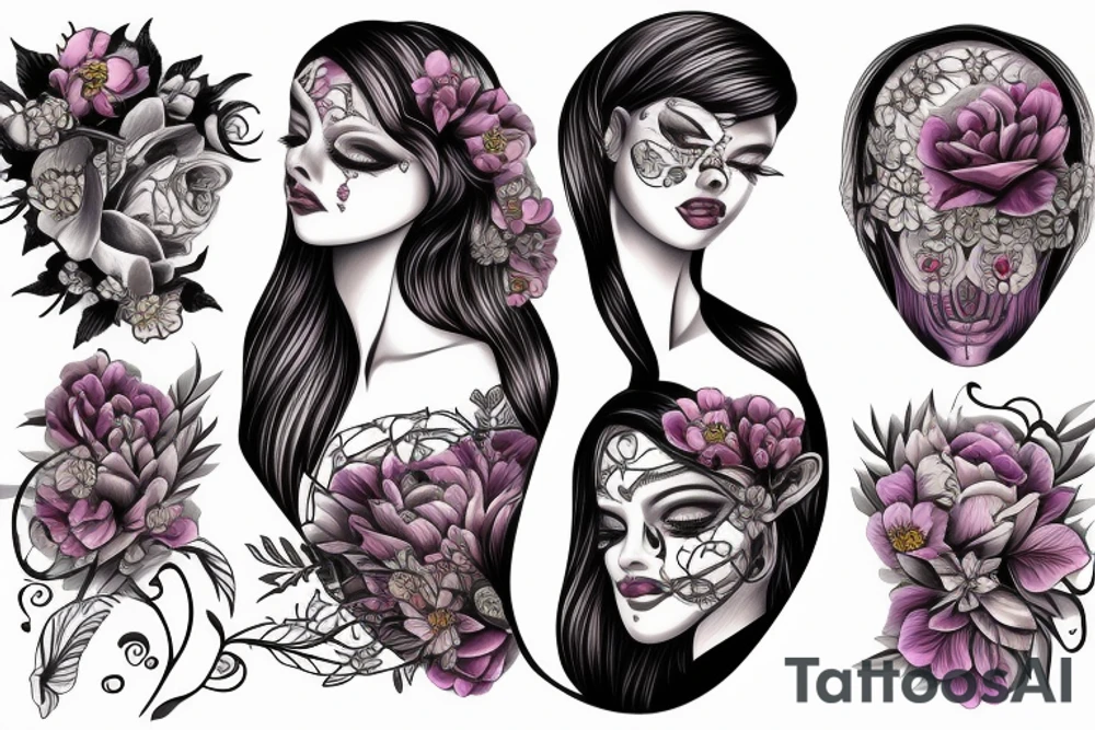 half woman beautiful face and half flowers tattoo idea
