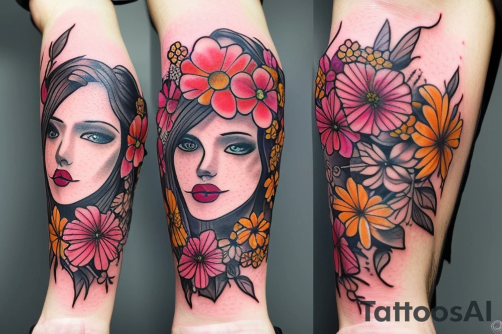 half woman beautiful face and half flowers tattoo idea