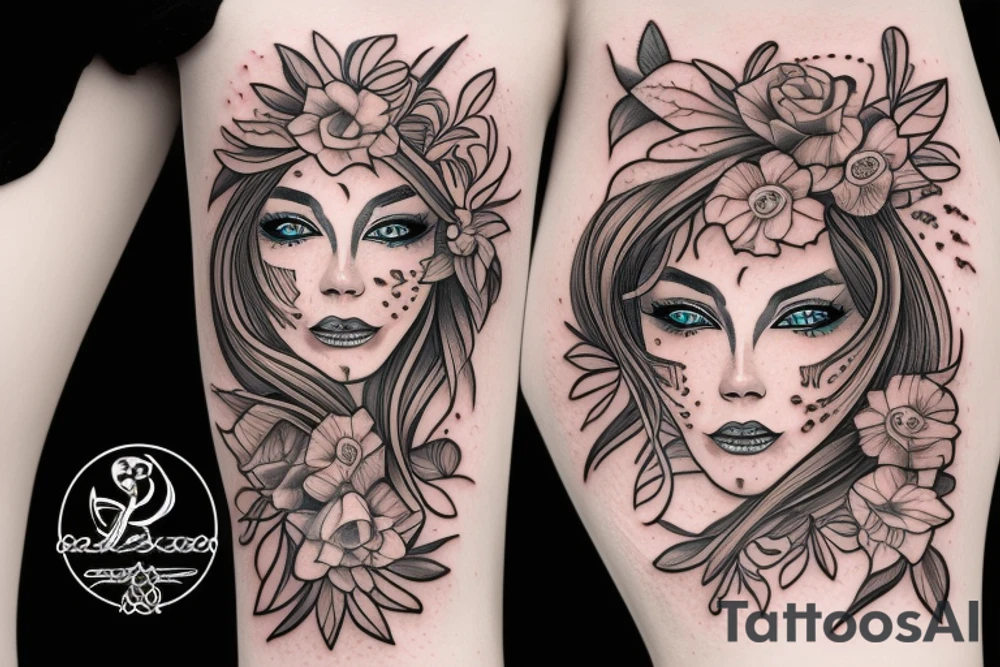 half woman beautiful face and half flowers tattoo idea