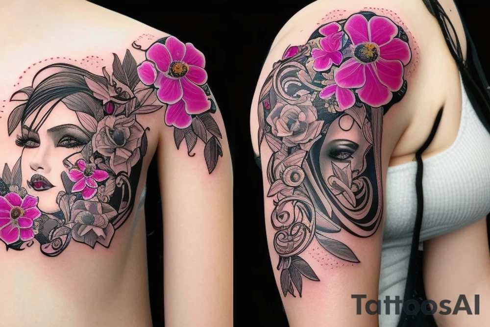 half woman beautiful face and half flowers tattoo idea