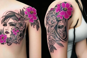 half woman beautiful face and half flowers tattoo idea