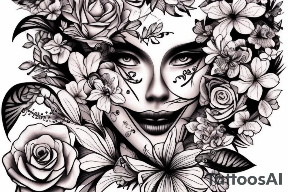 beautiful face and flowers tattoo idea