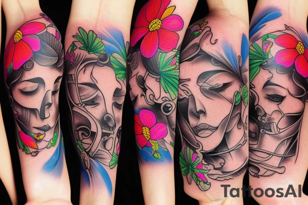 beautiful face and flowers tattoo idea