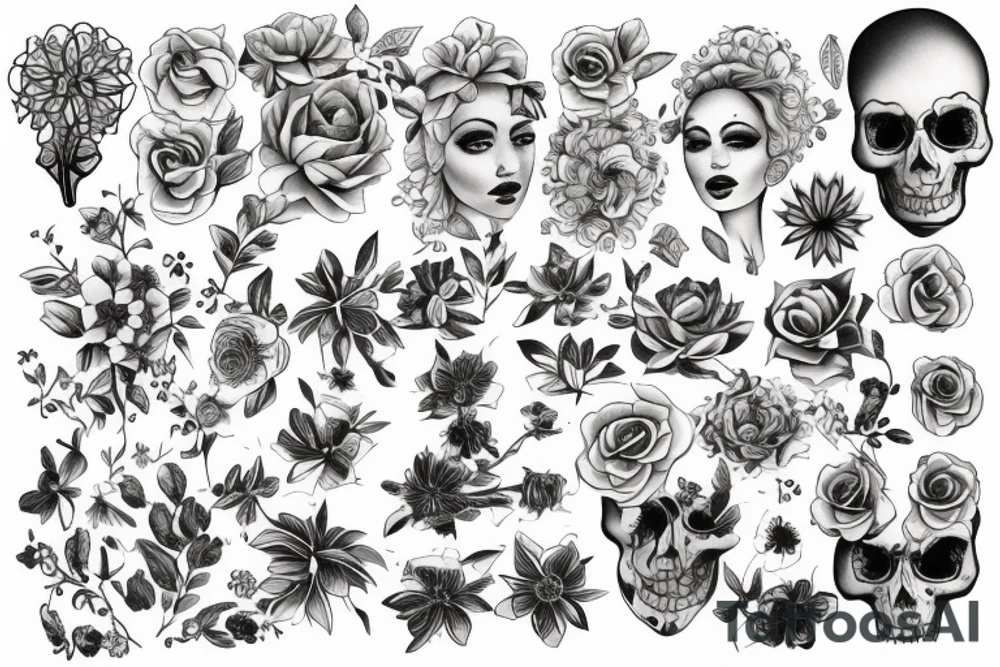 beautiful face and flowers tattoo idea