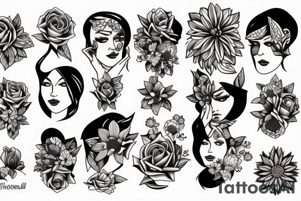 beautiful face and flowers tattoo idea
