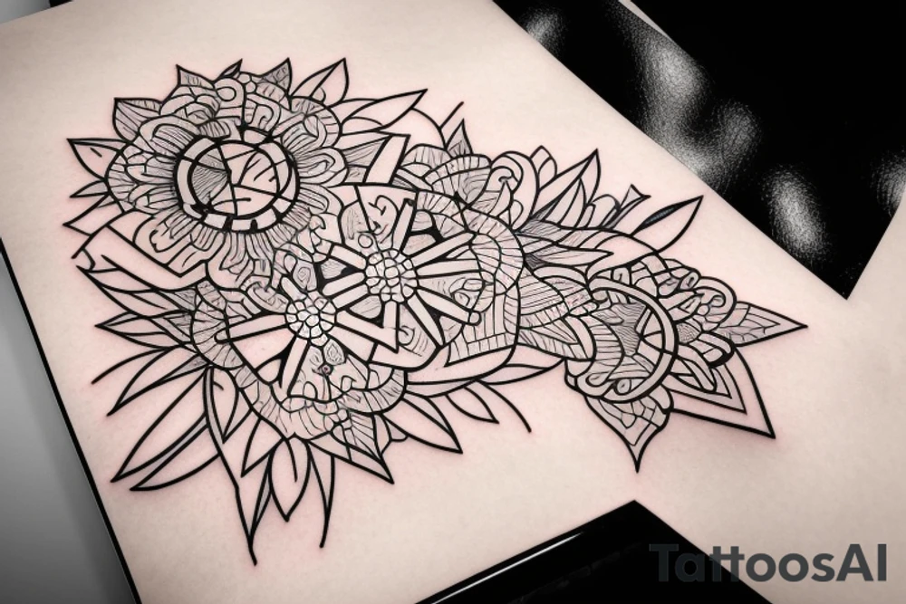 beautiful face, flowers, geometric figures tattoo idea