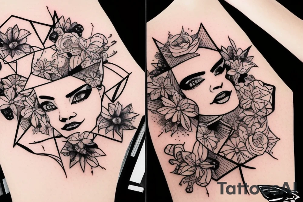 beautiful face and flowers and stars tattoo idea