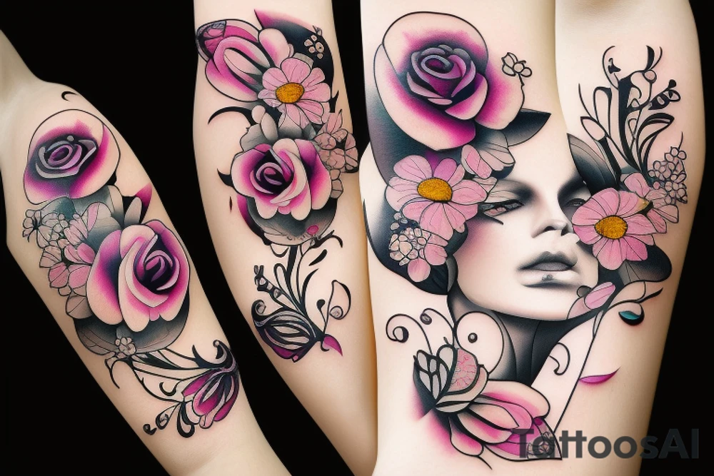 flowers and woman face tattoo idea