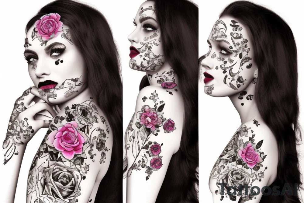 flowers and woman face tattoo idea