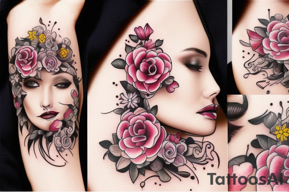 flowers and woman face tattoo idea