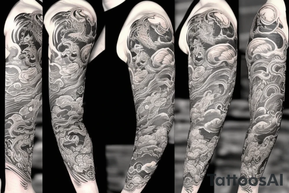 tattoo sleeve with Amaterasu goddess on the shoulder and dragon along the hand tattoo idea